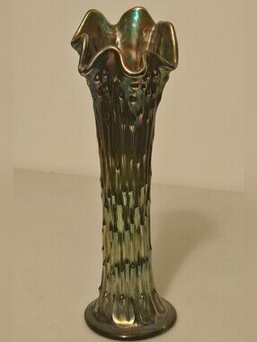 Antique Vintage Fenton Green Carnival Glass April Showers Vase 11.5"
